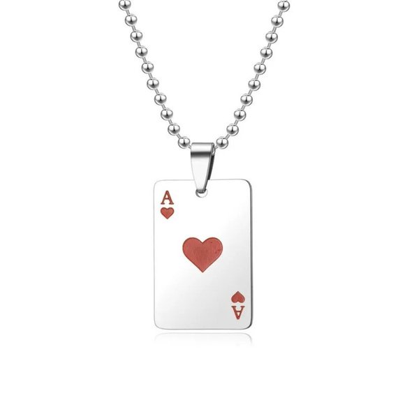 NEW 22" Stainless Steel Ace of Hearts Necklace Playing Card Dog Tag - Picture 1 of 4